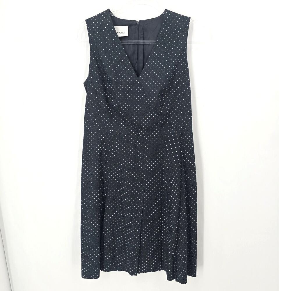 Akris Punto Navy Polka Dot Sleeveless Sheath Dress Pleated Cotton Lined Size 10